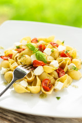 Pasta alla caprese con pomodoro, mozzarella, olio d'oliva e basilico fresco