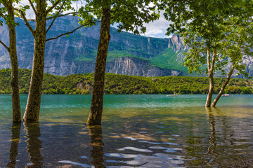 Fototapeta na wymiar Bäume im Wasser am Lago di Cavedine, Arco, Trentino, Gardasee