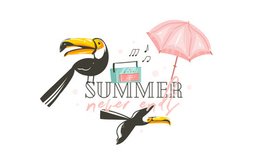Hand drawn vector abstract graphic cartoon summer time flat illustrations print with toucans,umbrella,record music player and Summer never ends typography quote isolated on white background