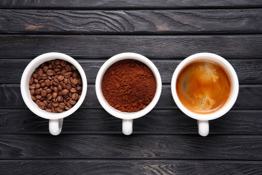 Three stages of coffee - beans, ground coffee and welded coffee