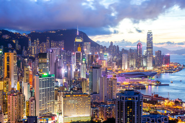 cityscape skyline at night in Hong Kong