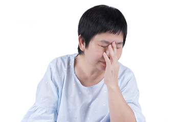 Asian Middle-aged woman having headache isolated on white background