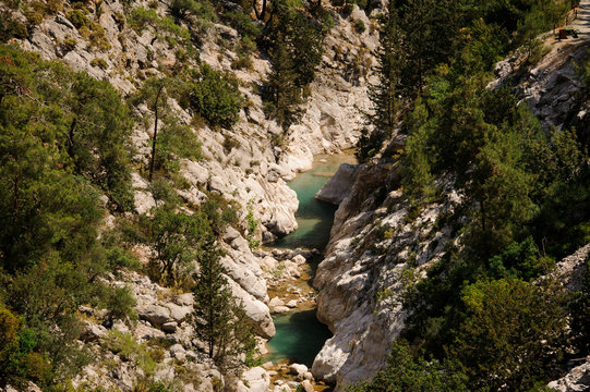 Amazing top view of Lycian Way with azure river and green trees