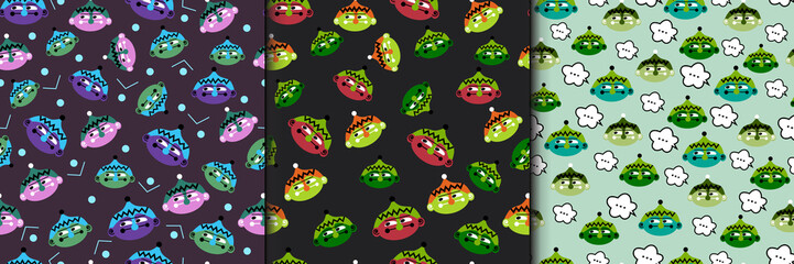 Set of fantastic gnome dwarf face seamless colorful pattern. Vector