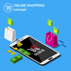 Isometric online shopping concept includes smartphone, shopping bags and money vector illustration.