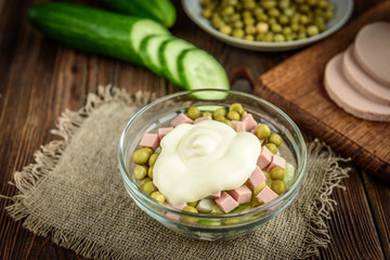 Bowl of traditional russian salad 