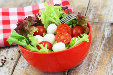 Healthy mozzarella salad in red bowl on rustic wooden surface
