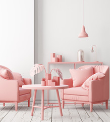 Mock up interior of the living room with an armchair in pink. 3D rendering