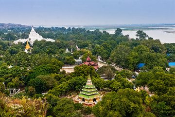 A scenic view of the Hsinbyume Pagoda and Irrawaddy River from the Mingun Stupa, Mandalay, Myanmar