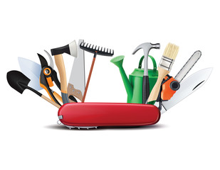 Swiss universal knife with garden tools. All in one. Creative 3d illustration