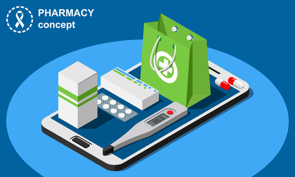 Isometric online pharmacy concept includes tablet or smartphone, pills pack, bag and thermometer vector illustration.