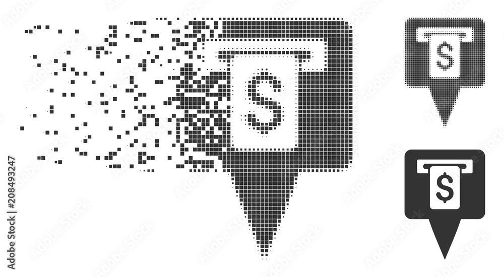 Fototapete fractured cash machine map pointer pixel icon with disintegration effect. halftone pixelated and und