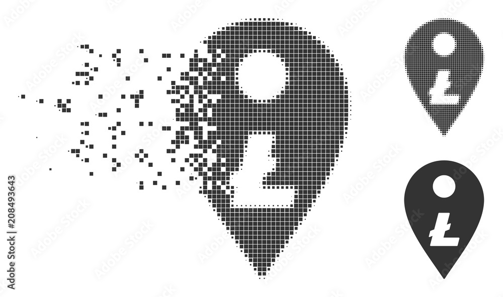 Poster dispersed litecoin map marker pixel icon with disintegration effect. halftone pixelated and intact e