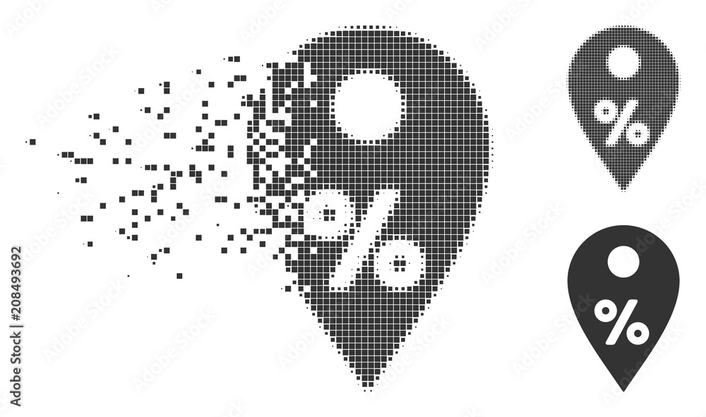 Poster dispersed percent map marker pixel icon with disintegration effect. halftone pixelated and undamaged