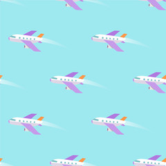 Airplane Flying in Sky Seamless Pattern on Blue