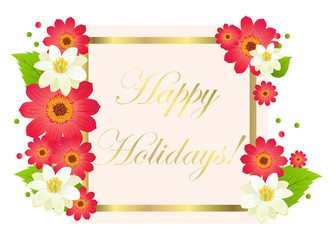 Happy Holiday Postcard with Flowers and Gold Frame