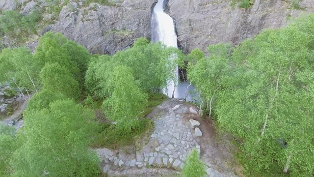Video of Manafossen waterfall in Norway. Aerial shot. Top view.