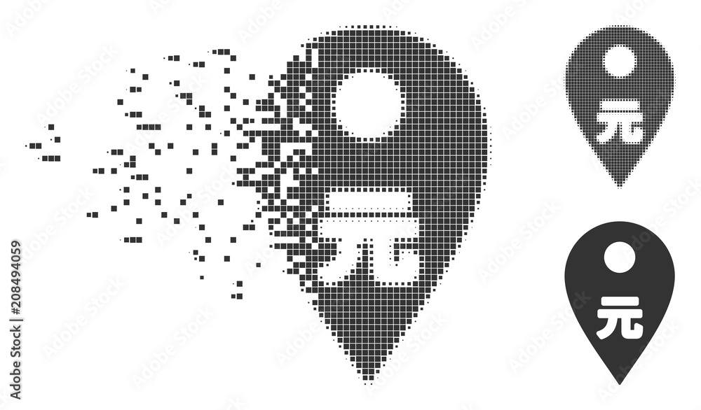 Poster fractured yuan map marker dotted icon with disintegration effect. halftone pixelated and undamaged w