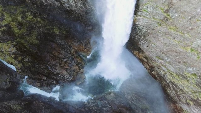 Video of Manafossen waterfall in Norway. Aerial shot. Top view.