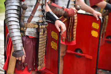 Reenactment detail with roman soldiers uniforms