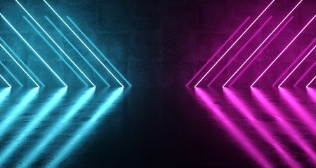 Sci-FI Futuristic Dark Room With Purple And Blue Neon Triangle Lights With Concrete Reflections. 3D Rendering