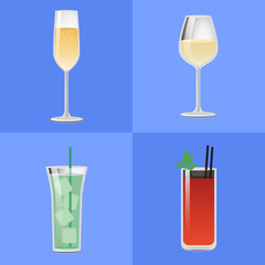 Set Alcohol Drinks Fizzy Champagne Glass of Wine