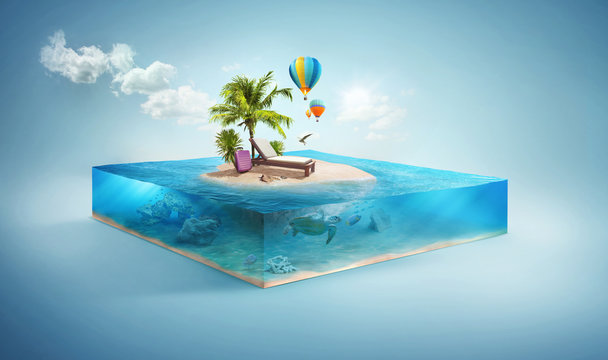Travel and vacation background. 3d illustration with cut of the sea and beautiful island. Baby island isolated on white.