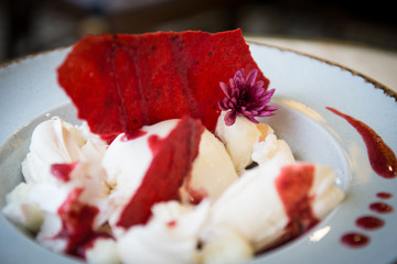 close up of marble and wood cabinet
