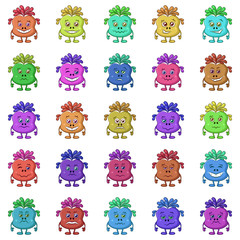 Set of Funny Monsters Smilies, Symbolizing Various Human Emotions and Moods, Cartoon Multicolored Characters with Colorful Hair, Isolated on White Background. Vector