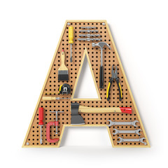 Letter A. Alphabet from the tools on the metal pegboard isolated on white.