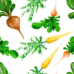Watercolor Vegan Pattern. Seamless Hand Drawn  Vegetables. Healthy Food Print. Gardening Background. Greenery Repeatable Design for Menu, Restaurant, Salat Bar, Farmers Market. Redish, carrot, beet.