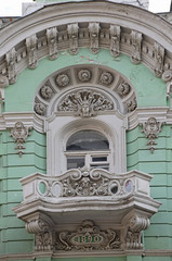 Decor balcony of the apartment building of the Merchant Society of Moscow. The house was built in 1890 by architect Boris Freidenberg. Russia, Moscow, May 2018