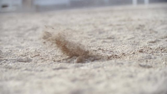 Horse hooves run on sand close-up slow motion 4K. Long shot panning over ground sand with hooves in focus while moving over the frame from left to right. Sunlight from background.