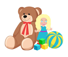 Teddy Bear and Doll Toys Set Vector Illustration