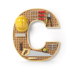 Letter C. Alphabet from the tools on the metal pegboard isolated on white.