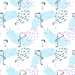 ABSTRACT TROPICAL LEAF AND FLAMINGO. HAND DRAW COMPOSITION OF SUMMER FEELING SEAMLESS VECTOR PATTERN. - obrazy, fototapety, plakaty