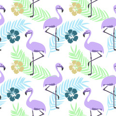 ABSTRACT TROPICAL LEAF AND FLAMINGO. HAND DRAW COMPOSITION OF SUMMER FEELING SEAMLESS VECTOR PATTERN.