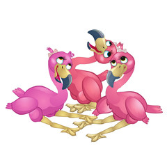 Three lovely girls Flamingo isolated on white background. Vector cartoon close-up illustration.