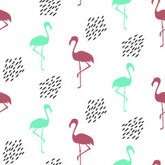 ABSTRACT TROPICAL LEAF AND FLAMINGO. HAND DRAW COMPOSITION OF SUMMER FEELING SEAMLESS VECTOR PATTERN.