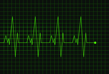 Cardiogram heartbeat. Abstract green line electrocardiogram on dark green grid. Medical wave chart. Vector background
