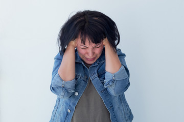 concept of stress woman head shot on white background