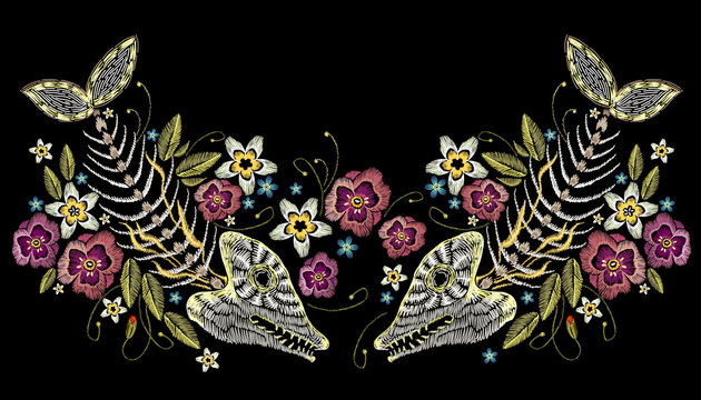 Embroidery summer flowers and skeleton of fish, sea art seamless pattern. Fashionable template for design of clothes, t-shirt design. Embroidery fish bone and flowers, gothic art background