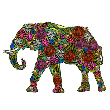 Embroidery elephant. Indian ornaments animals clothes fashion t-shirt design. Classical embroidery flower indian elephant