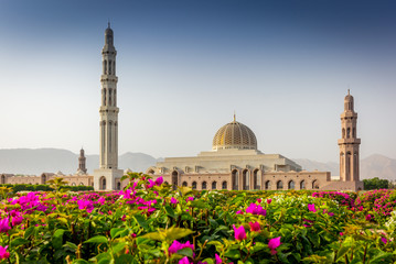 Fototapeta na wymiar The geometric beauty of of the Muscat Grand Mosque and its garden in the early morning - 10