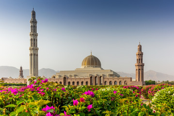 Fototapeta na wymiar The geometric beauty of of the Muscat Grand Mosque and its garden in the early morning - 11
