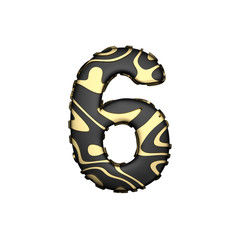 Alphabet number 6. Black carbonic font with yellow golden stains. 3D render isolated on white background.
