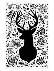 Silhouette of deer in the flower pattern. Hand drawn design elements. Black and white vector illustration. Nursery scandinavian art.