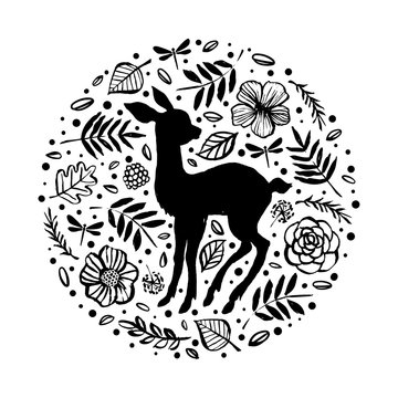 Silhouette of little baby deer, fawn in the flower pattern circle. Hand drawn design elements. Vector illustration. Nursery art.