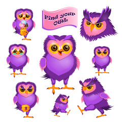 Set of 8 isolated characters of owl.