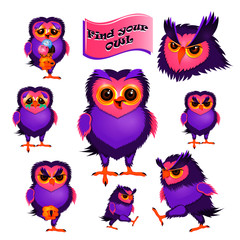 Set of 8 isolated characters of owl.
